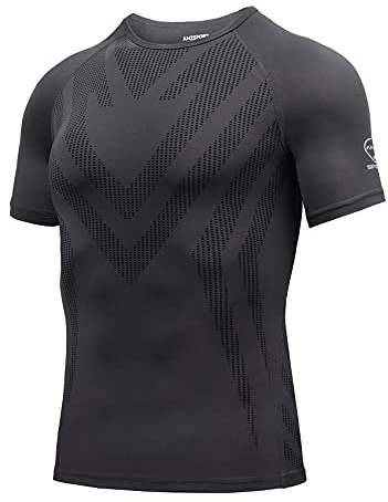 AMZSPORT Camisa de Compresión Deportiva para Hombre Camiseta de Manga Corta Camiseta de Secado Rápido Capa Base para Correr, Gris, L