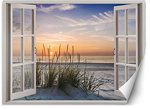 Feeby Papel Pintado Playa Arena Ilusión 3D 210x150 cm Beige Fotomurales Decoración De Pared Moderna Fotográfico Baño Cocina Dormitorio Oficina Mar Puesta De Sol