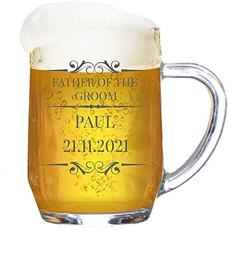 GiftsOnline4U Personalised Tankard Father of The Groom Glass Stein Engraved 1 Pint Beer Wedding Tanker Men Handle Vintage Gift Box 590 ml