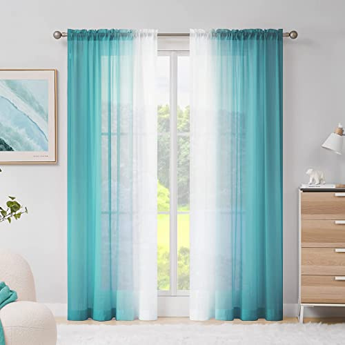 Melodieux Schiebegardinen mit Kräuselband 245x140cm - Ombre Blau Grün Farbverlauf Gardinen, Transparent Vorhänge für Wohnzimmer, Esszimmer, Schlafzimmer, 2er Set