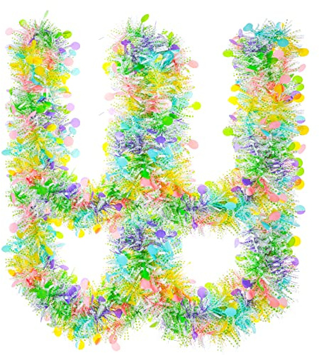 33Ft Easter Tinsel Garland with Confetti Colorful Metallic Tinsel Twist Garland Spring Hanging Garland Decoration for Easter Holiay Door Tree Mantel Party Supplies