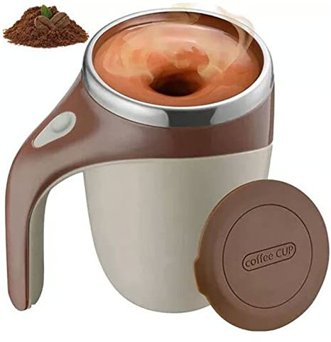 Zerodis Electric Magnetic Stirring Coffee Mug, Stainless Steel Mixing Mug Automatic Cooling Travel Cup Automatic Mixing Cup with Lid for Coffee Milk Cocoa, 380ML (Brown)