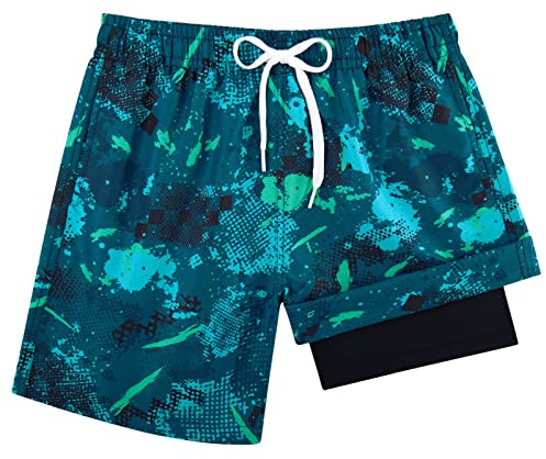 Young Boy's 10-12 Waterproof Swim Trunks Kids Green Graffiti Printed Running Cycling Swim Board Shorts Big Boy Lightweight Bathing Suits with Inner Pockets Size 10 12 Compression Liner Swimsuit