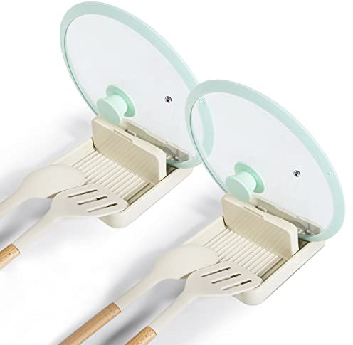 2 Pack Spoon Rest with Pot Lid Holder For Stove Top, Spoon Holder for Kitchen Counter, Neat & Drip-Free While Cooking, Perfect for Placing spoons, pot lids, Spatulas, Utensils, Ladle, Tongs, Beige