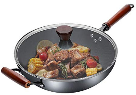 OQHAIR Wok in Ferro Wok Tradizionale in Ferro Padella Antiaderente Pentole a induzione e fornello a Gas