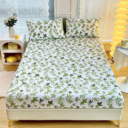Chickwin Spannbetttuch, Blumen Pflanze Druck Spannbetttuch Boxspringbett, Weiche Bequem Spannbettlaken Matratzenschoner für Bettw Sche, Steghöhe bis 30cm (180x200 cm,Grüne Blätter)