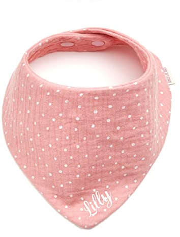 AngelicArt Personalisiertes Dreieckshalstuch aus Baumwolle, Halstuch für Jungen, Mädchen, Unisex, mit Druckknopfverschluss, in verschiedenen Farben mit Wunschnamen-Musselin gepunktet