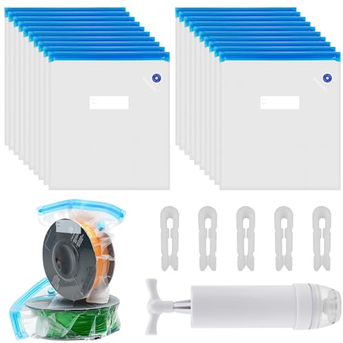 Erzekrim 20 Stück Filament Vakuumbeutel Kit 3D Filament Aufbewahrung 30 x 34cm Feuchtigkeitsdichter Vakuumbeutel für 3D-Filamente mit Vakuumpumpe und Dichtungsclips für die Filamentaufbewahrung