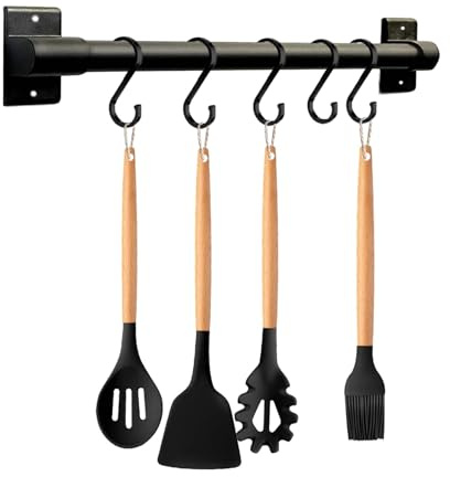 Black Aluminum Utensils Holder,Rack Wall Mounted,Kitchen Rail Pan Hanger with S Hooks for Hanging Kitchen Utensil,Bathroom Gadget Drilling or Self-Adhesive Installation Options (30cm)