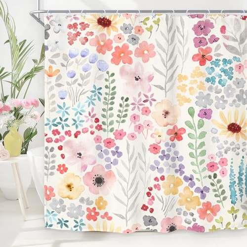 Riyidecor Cute Floral Colorful Shower Curtain,Spring Boho Kids Girls Girly Wildflower Pink Watercolor Fabric Cloth Bathroom Curtains,Funky Trendy Plant Bathroom Decor Set with Hooks 72x72 Inch