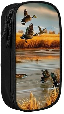 KCGSDEGV Schwarzes Federmäppchen mit Jagd-Motiv fliegende wilde Ente, großes Fassungsvermögen, niedliches Federmäppchen, Schreibwaren-Organizer, Box für Schule, Mädchen, Jungen, Schwarz ,