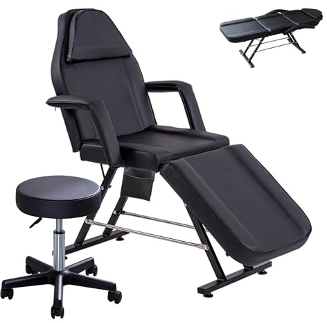 LSLIFE Beauty Bed with Stool Massage Table with Head Cushion 3 Section Adjustable Beauty Bed Professional Tattoo SPA Salon Chair (Black)