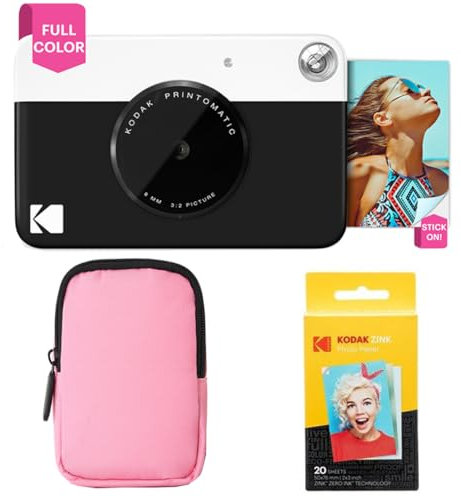 KODAK Printomatic Pacchetto iniziale per macchina fotografica a stampa istantanea a colori + Custodia morbida + Carta fotografica Zink 20pk - Foto colorate su carta adesiva 2x3 - Nero