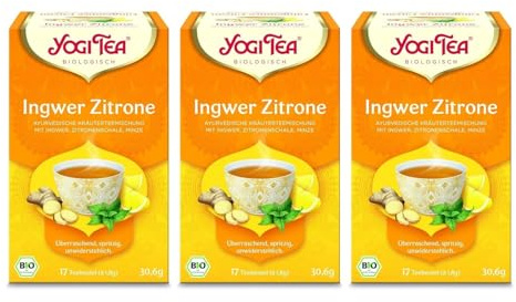 Yogi Tea Ingwer Zitrone, 3x17 Beutel (51 Teebeutel) | Ayurvedischer Bio Gewürz- und Kräutertee, von Natur aus koffeinfrei, Mischung aus Ingwer, Zitronenschalen, Minze