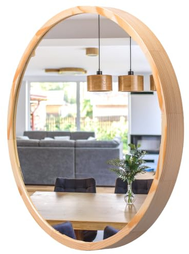 Spiegel Rund Holz Naturkiefer - Wandspiegel mit Holzrahmen (∅47 cm) - LEJA | Massivholz, Einfache Montage, EU-Produktion, 4 mm Spiegelglas, Sicherer Metallhaken, Pflegeleicht