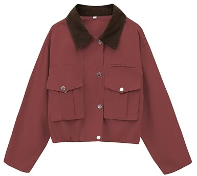 Megfie Womens Cropped Jacket Contrast Collar Utility Coat Cargo Jacket Barn Jacket Outwear with Pockets(0836-Red-S)