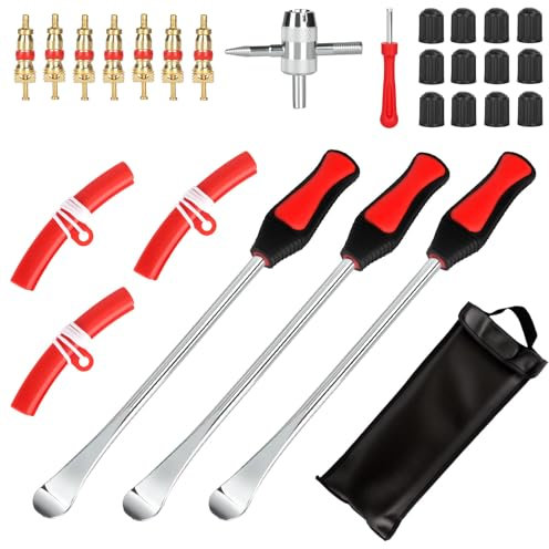 BBWELL Leva A Cucchiaio in Acciaio 28 Kit,Cucchiaio Pneumatico,Leva di Montaggio per Pneumatici,Attrezzo per Montaggio Pneumatici con 3 Protezioni per Cerchi,per Pneumatici di Moto/Bici/Automobili