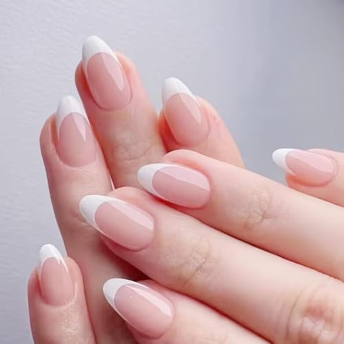 24-Piece Short Almond False Nails, Nude-Pink French Tips, Glossy White | Includes Adhesive Jelly Tabs And 1 Nail File, Sizes For Selection, Home Application, Everyday Wear And Social Occasions