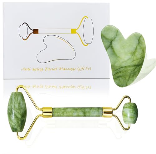 Gua Sha Tool Face and Jade Facial Roller, Face Rollers for Women Manual Facial Massager and GuaSha Tool, Jade Roller and Gua Sha Set Sculpt Jawline and Reduce Puffiness, Skincare Gift (Green)