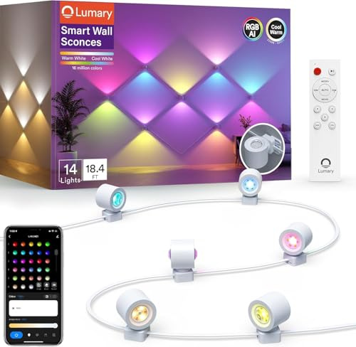 Lumary RGBAICW Smart Wall Sconces, Indoor WiFi Wall Lights for Room Decor, 18.4ft with 14 LEDs Color Changing DIY Light Fixture for Bedroom, Living Room, Party, Compatible with Alexa/Google Assistant