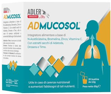 Adler Lab ADMUCOSOL Integratore, 20 bustine orosolubili con N-Acetilcisteina, Bromelina, Zinco, Vitamina C, Adatoda, Drosera e Timo. Supporta le vie respiratorie, mucolitico e antiossidante