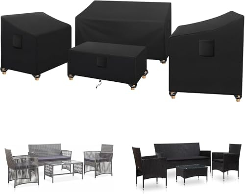 TOOSOAR Funda Muebles Exterior Impermeable 4 Piezas 420D - Funda Exterior Muebles Jardín con Cordones Ajustables y Hebillas para Mesa, Banco y Sillas (Negro, Impermeable/Anti-UV)​