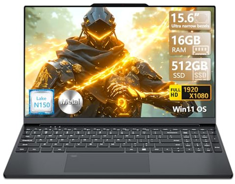 15,6 Pouces Ordinateur Portable, Win 11 PC Portable 16Go RAM DDR4 512Go SSD, CPU Twin Lake-N150, Clavier Rétro-éclairé+Déverrouillage Empreinte, Laptop1080P Écran, WiFi5+Mini-HDMI+USB3.0+BT4.2+Webcam