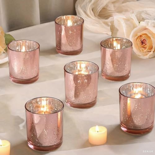 6pcs Candle Holders Votive, Gold Glass Tea Light Holders Bulk for Weddings, Events, Table Centrepiece, Christmas, Valentine, and Party and Holiday Decorations (rose gold-6)