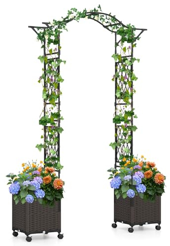 GOPLUS Arche de Jardin avec 2 Jardinières, Pergola en Métal avec Roues, Revêtue en PE Antirouille, Support pour Plantes Grimpantes, pour Porte,208x40x250CM,Noir