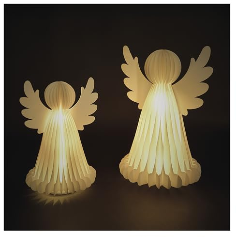 EMOS - LED-Papierengel, 2er Set - faltbare Engel 2 Stück mit je 10 LEDs, Warmweiß - 6/18h Timer, batteriebetrieben (je 3x AA) - Lebensdauer 10000 Stunden - für Innenbereich - Weiß