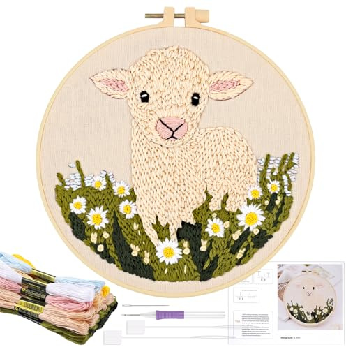 JSRQT Punch Needle Kit for Beginners Adults Sheep DIY Craft Punch Needle Embroidery Starter 15cm Handcraft Rug Hooking Yarn Cross Stitch with Hoops Instructions Rug-Punch & Pinch Accessories