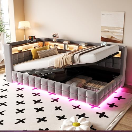 Qsddk Schlafsofa 90x200 cm mit LED, Tagesbett mit USB/Type-C-Ladestation | Für Kinderzimmer, Kinderbett, Einzelbett, Mit LED-Lichtleiste, Hydraulisches Bett mit Stauraum, Ohne Matratze, Hellgrau