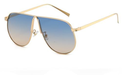 Long Keeper Trend pilotglasögon solglasögon för kvinnor män stor metallram pilot solglasögon tonade retro guld pilotglasögon oversize UV400 skydd, Guldram – blåbruna tonade glas