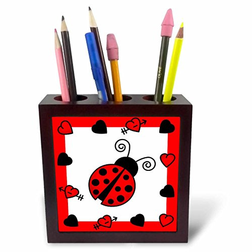 3dRose ph_12112_1 Love Bugs Red Ladybug with Hearts-Tile Pen Holder, 5-Inch