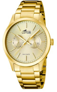 LOTUS Reloj Hombre Analógico de Acero Inoxidable 316l Dorado - Movimiento de Cuarzo - Cristal Mineral de Alta Resistencia - Resistente al Agua 5 ATM Clásico - Multifunción 15955/2 Minimalist