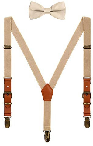 WANYING Kinder Baby Kleinkind Jungen Mädchen Hosenträger Fliege Set für 1-8 Jahres alt Vintage Stil 2cm Breite 3 Clips Y Form Hosenträger - Beige