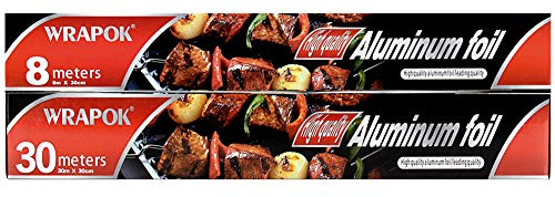 WRAPOK 2 x tenn köksfolierulle slitstark aluminiumbakfolie kombinationsdräkt för grillning, rulle 30 cm x 30 m och 30 cm x 8 m