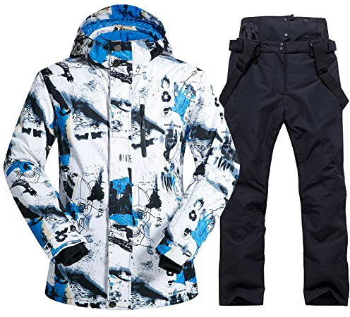Mens Ski Jacket and Pants Set Ski Suit Winter Waterproof Windproof Hooded Snow Coat 2 Pieces Snowboarding Snowsuits Blue+Black-S