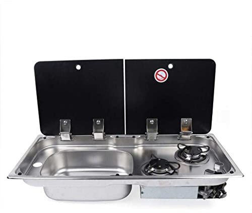 NAOKEY Boat RV Caravan Gas Stove 2 Burner Gas Cooktop Burner Gas Hob Cooktop And Sink Combo W/Tempered Glass Lid & Faucet Tap(Size:A), Black