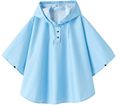 QIKADO Cape de Pluie Garcon Fille Imperméable Poncho avec Capuche pour Enfant 6 ans 7 ans 8 ans Bleu Clair/L