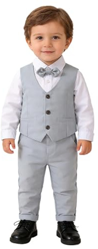 Agoky Jungen Anzug Set Langarm Hemd mit Kentkragen Fliege Anzughose Y-Form Hosenträger Festlich Sakko Smoking Gentleman Outfits Grau V 92-98