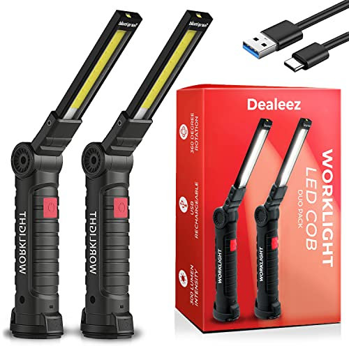 Dealeez LED Arbeitsleuchte – 2er Set Akku Stablampe, Magnetische Werkstattlampe für KFZ Reparatur, Handlampe mit Magnet & Haken, Leistungsstarke Inspektionslampe, Licht für Werkstatt, Camping Notfall
