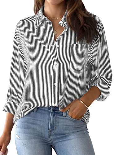NONSAR Damblus, elegant, långärmad, randig blus, skjortor med knappar, ledig, kontor, arbete, blusar, bomull, tunika, skjorta, toppar, toppar, svart, L