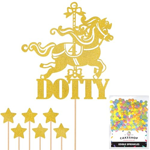 Personalised Carousel Merry-Go-Round Horse Riding Cake Topper- Gold Custom Age & Name Glitter Cake Decoration and Sprinkles - Happy Birthday Decorations - Personalised Toppers for Cakes by Cakeshop