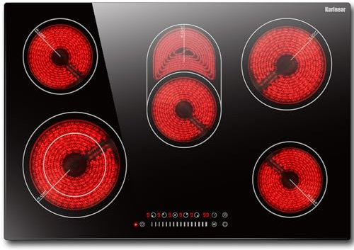 Karinear Ceramic Hob, 5 Zone Ceramic Hob 77cm Built-in Electric Hob, 8400W Power with Oval Zones for Barbecue Tray, Touch Control, Child Lock, Timer, Pause