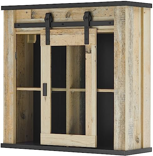 Furn.Design Küchenschrank Hängeschrank Used Wood hell und anthrazit/grau Vorratsschrank für Geschirr mit Scheunentorbeschlag 93 x 90 cm Stove (Hängeschrank ohne LED 93cm)