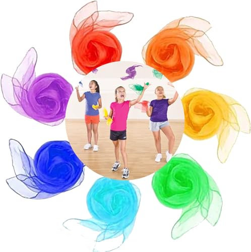 EHIOG 7 Stück Chiffontücher Set, Chiffontücher für Tanzen,Bunte Chiffontücher,für Tanzen Jonglieren Sensorisches Aktivitäten Dekoration,Kinder Mädchen Party-Aktivitäten Zubehör Dekoration, 45x45cm