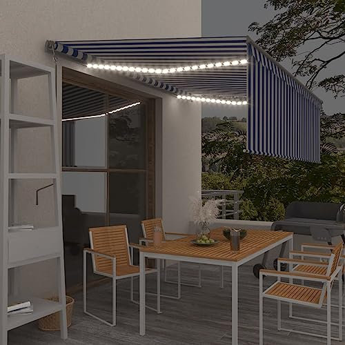 Homgoday Automatisches Sonnensegel mit LED-Licht, Windsensor, 4,5 x 3 m, Blau und Weiß, Außenvorhang für Privatsphäre, Balkon, Terrasse