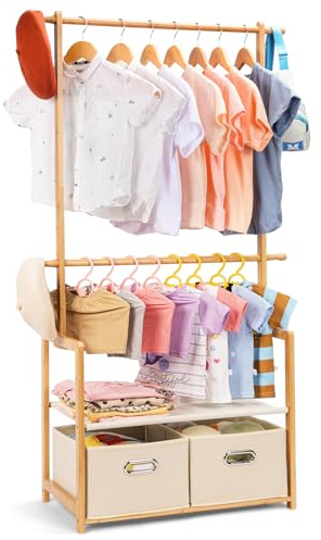 Vilaxing Kids Clothing Rack Bamboo with 2 Storage Baskets and 2 Adjustable Hanging Rods,Child Garment Holder with Shelf, Dress up Racks for Playroom,Toddlers Bedroom (Natural)
