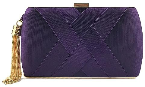 Yurosiay Damen Satin Clutch Abendtasche Elegant Handtasche Abend Satin Clutch Kettentasche Mit Gold Quaste Anhänger Brauttasche Hochzeit Party Handtasche für Abschlussball Bankette Lila